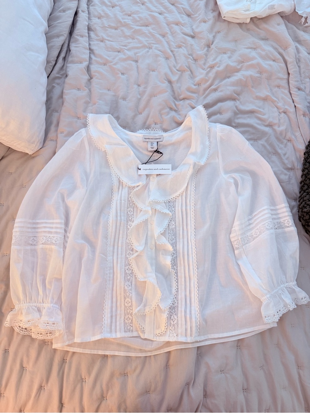 Rare Find - White Ruffle Front Lace-Trim Blouse - Women